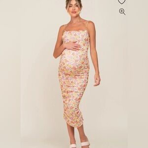 Yellow Floral Mesh Knit Ruched Maternity Midi Dress